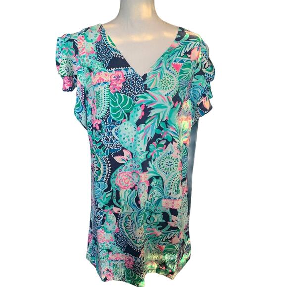 Lilly Pulitzer Kathie Flutter Sleeve Mini Dress Lookin Sharp Blue Print 6 - Picture 2 of 11